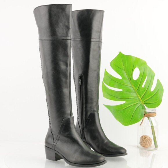 Vince Camuto Womens Bendra Boot Size 6 Black Leather OTK Low Block Heel Pointed - Picture 1 of 11